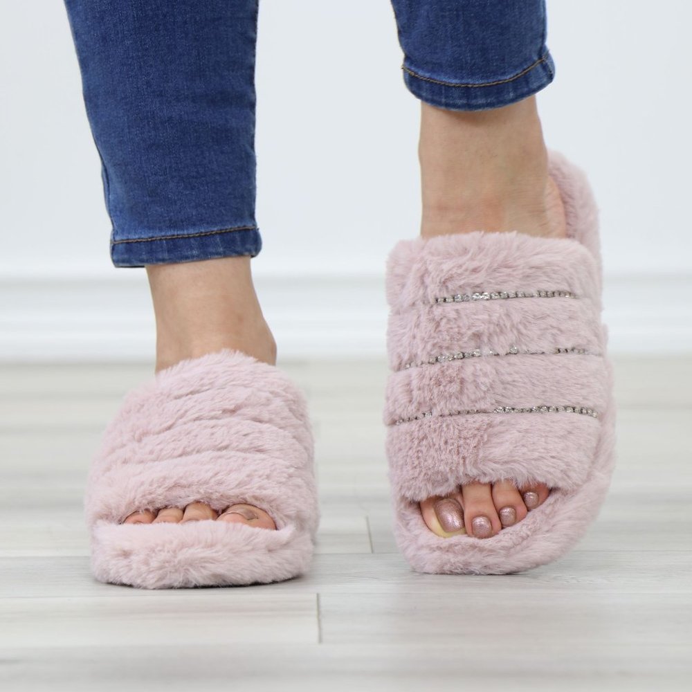 Pink Puff Fuzzy Fluffy Slip On Plush Slippers Diamond Accents - Picture 13 of 16